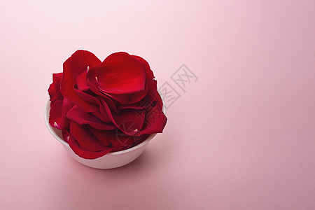 美丽的红玫瑰花瓣在粉红色背景的白色碗里 玫瑰花瓣用于香水 化妆品和沐浴露图片