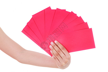 手握红色红包 意思是中国幸福新年与白背景隔绝传统庆典文化女士节日假期信封礼物祝福问候语图片