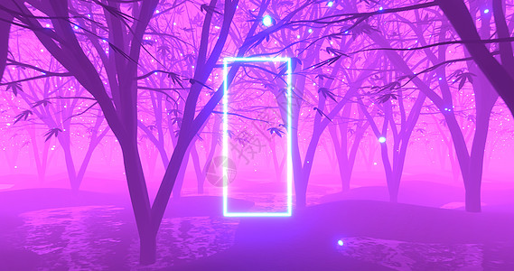 森林中发光的霓虹灯框 复制空间在黑暗中的荧光灯门户  3D仁德辉光树叶边界植物粉色框架紫色派对叶子技术图片