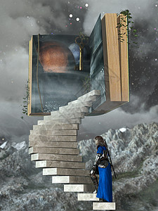 骑士在云中攀爬到故事书的阶梯图片