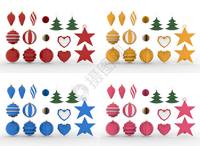 白色背景 3d 渲染上的圣诞树玩具装饰浆果季节丝带玻璃星星展示庆典装饰品饰品礼物图片