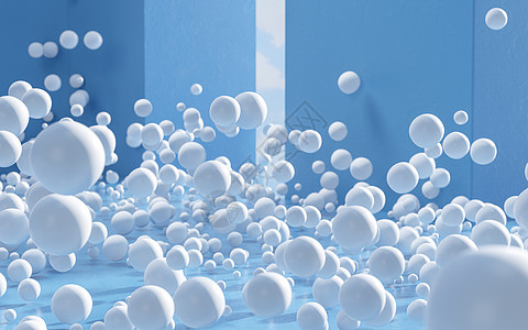 蓝色 room3d 渲染中有很多白球几何学卡通片创造力数字作品塑料建筑学图片