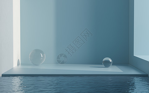 空房间中的玻璃球和水 3d 渲染小样展览液体波纹海浪水池蓝色场景展示讲台图片
