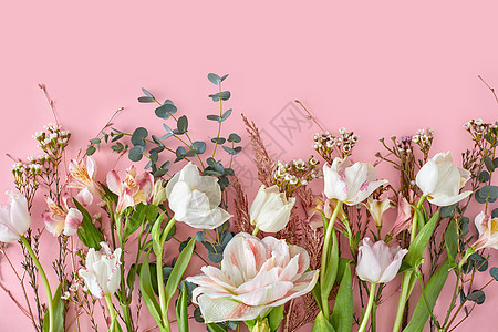 花躺在粉红色的纸上 创造出植物群的框架复制空间国际假期潮人作品热带叶子花束高架植物学风格图片