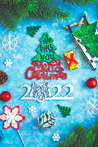 圣诞节背景 有Xmas树和闪亮的bokeh灯光 白色玻璃装饰圣诞或新年球假期卡片问候语家庭魔法蓝色装饰品浆果静物纸屑图片