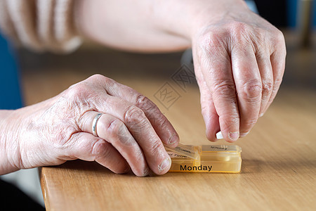 一位老年妇女的手在木桌上的药盒里服用一周药物的特写 商业 健康概念处方病人盒子制药卫生疼痛保健女士男人治疗图片