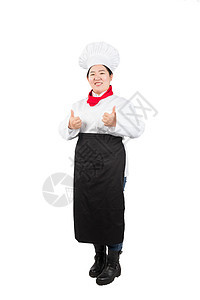 微笑的女厨师 厨师或面包师举起大拇指美食职员成人女孩幸福工作室烹饪职业女性厨房图片