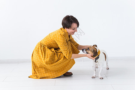 性格开朗的年轻女子身穿黄色连衣裙 与她心爱的狗杰克罗素梗犬站在白色背景上合影 休闲装和宠物的概念动物朋友冒充猎犬魅力艺术小狗工作图片