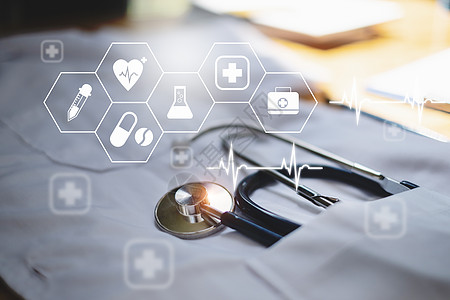 医用器官图长袍和医用图标的立体镜网络在屏幕上连接 健康的医疗概念背景