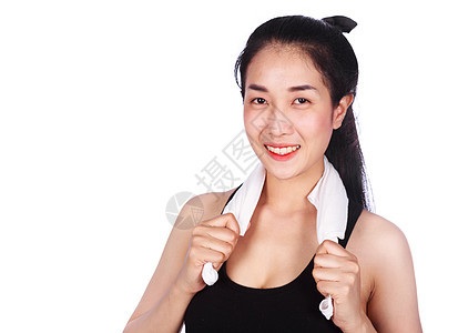 白种背景孤立的毛巾上的年轻运动女青年身体训练女性饮食女孩成人重量健康健身房图片