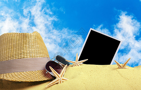 沙滩上的照片卡热带回忆夫妇假期蓝色天空支撑框架相框卡片图片