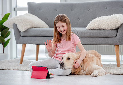 有金色猎犬女孩在网上聊天犬类电子产品宠物闲暇动物女性朋友们猎犬公寓工具图片