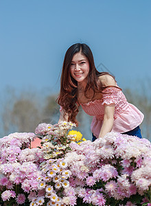 在菊花发光园中的美丽女子公园成人阳光天空花店头发女性花园幸福园丁图片