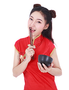 妇女穿着中国青桑服装 用筷子和碗叉成白种面的黑衣女子餐厅女孩食物女士节日美食杯子微笑女性旗袍图片