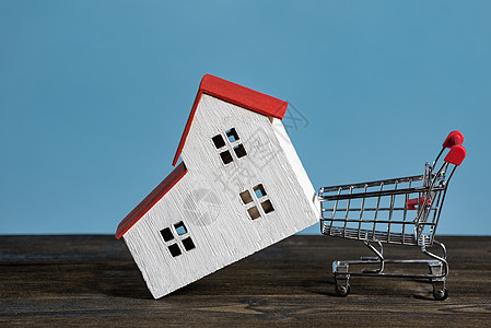 蓝背景的建模房和购物车 购房 抵押贷款概念图片