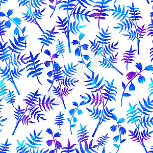 蓝色水彩叶子与刷花和叶子植物的无缝模式 白色背景上的蓝色水彩颜色 手绘田庄纹理 墨林元素 时尚现代风格 无尽的织物印花背景