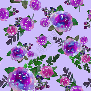 粉玫瑰浪漫无缝花纹与月季花和叶子 无休止的纺织壁纸打印 手绘水彩元素 美容花束 粉紫色 蓝色背景上的绿色背景