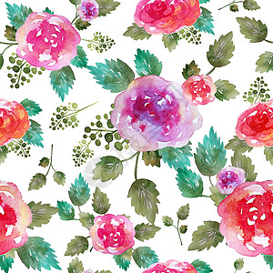 复古花卉无缝图案与月季花和叶子 无休止的纺织壁纸打印 手绘水彩元素 美容花束 粉红色 白色背景上的绿色艺术织物水彩画墙纸设计师纺图片