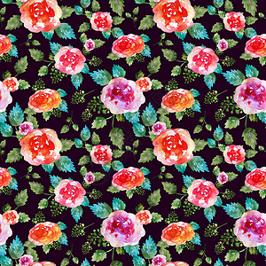 复古花卉无缝图案与月季花和叶子 无休止的纺织壁纸打印 手绘水彩元素 美容花束 粉红色 深色背景上的绿色花园设计师英语花瓣雏菊纺织图片