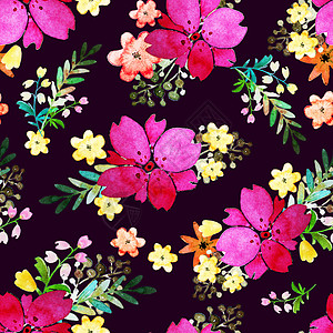 浪漫无缝花纹与月季花和叶子 无休止的纺织壁纸打印 手绘水彩元素 美容花束 粉红色 紫色背景上的绿色雏菊花瓣花朵设计师玫瑰织物墙纸图片