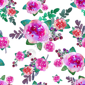 复古花卉无缝图案与月季花和叶子 无休止的纺织壁纸打印 手绘水彩元素 美容花束 粉红色 白色背景上的绿色手工艺术玫瑰花园墙纸水彩画图片