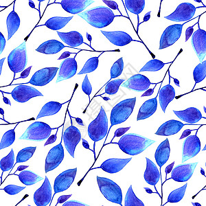 手绘水彩蓝叶无缝花纹装饰品绘画艺术品艺术插图墙纸纺织品包装花园海报图片