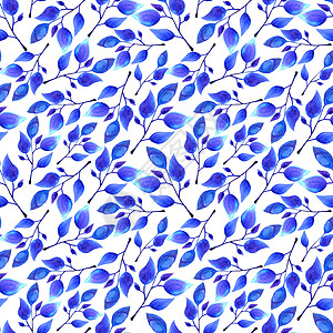 手绘水彩蓝叶无缝花纹花瓣花园墙纸装饰品纺织品蓝色艺术品织物植物艺术图片