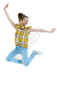 一个十几岁的女孩在跳跃女性青年裙子白色快乐乐趣活力童年微笑喜悦图片