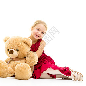 带着泰迪熊的小女孩 我孤立于白人背景女性拥抱童年微笑乐趣快乐婴儿女士女孩女儿图片