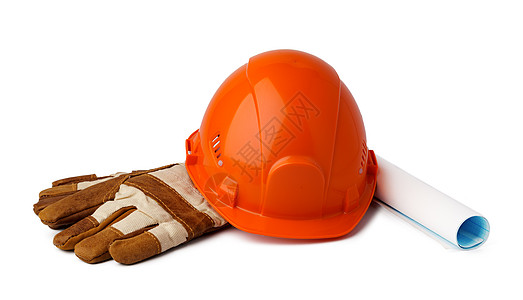 在白色背景上隔离的安全硬盔和工作手套劳动承包商警告塑料工业织物工具工作室照片防护图片
