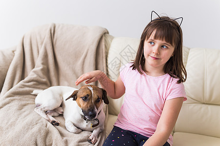 沙发上有可爱的狗杰克罗瑟尔特瑞的女孩 宠物 孩子和家庭概念猎犬动物犬类女性快乐公寓哺乳动物乐趣孩子们友谊图片