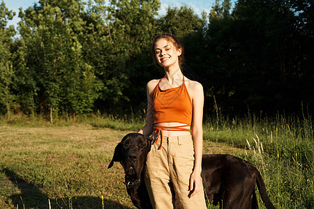 快乐的女人和玩自然游戏的狗友情猎犬日落喜悦女孩闲暇训练友谊海滩宠物公园图片