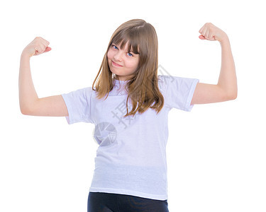 一个小女孩露出她的肌肉训练乐趣活动快乐体操幸福女性女孩手势活力图片