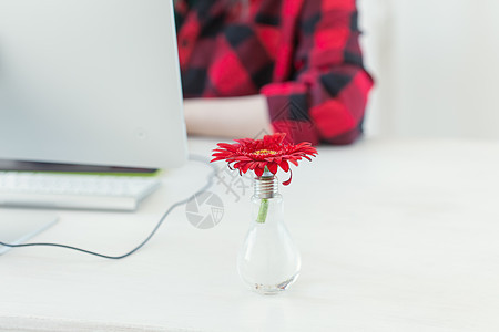 带有Gerbera花花和计算机的工作场所 背景上设计师的家用办公室最小化风格植物框架电脑笔记本技术键盘网络桌子屏幕图片