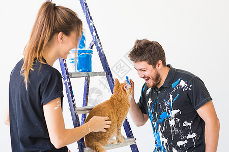 人 重新装配和翻新概念     用猫泼油漆画一对夫妇的肖像设计师辛劳公寓工具家庭梯子衬衫改造乐器男人背景图片