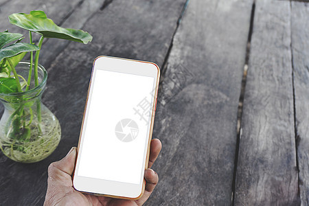 成年男子手持手机空白屏幕白色样机智能手机手机与玻璃瓶绿色植物和 copyspace 白色屏幕复古色调图片