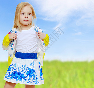 穿着俄罗斯装饰品的穿暑期服的小姑娘孩子蓝色天空辫子快乐公主童年幸福乐趣草地图片