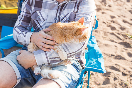 人 旅游和自然概念  人在大自然中抱猫男人团体闲暇假期胡须营地乐趣露营者微笑野餐图片