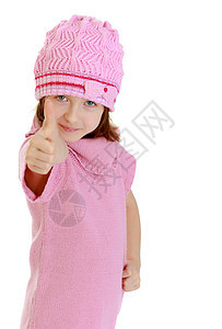 女孩露出拇指童年白色广告牌女性喜悦幸福手势孩子快乐乐趣图片