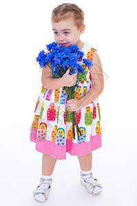 带蓝花的小女孩邮政幸福女士笑声喜悦花束女孩幼儿园牛仔裤公主图片