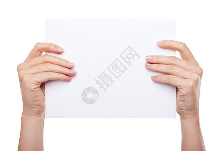 孤立的手持空白纸拇指木板办公室广告牌边界海报笔记商业女性广告图片
