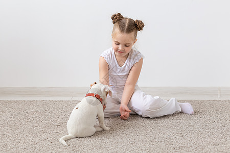 儿童与动物概念     女孩和小狗童穿着睡衣坐在地板上犬类黑发幸福微笑乐趣宠物工作室友谊地面猎犬图片