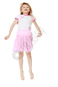 小女孩跳起来了童年女性工作室白色喜悦运动快乐微笑飞跃乐趣图片