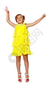 小女孩跳起来了工作室女性裙子白色快乐幸福喜悦乐趣运动微笑图片