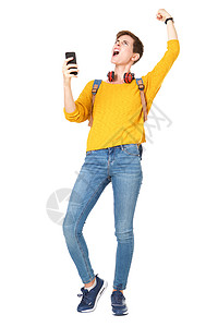 全身体快乐的年轻女子 拿着手机和打空气成功女士享受手臂女孩电话女性白色身体头发图片