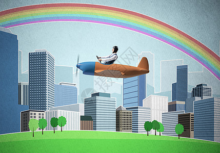 商务人士乘坐小型螺旋桨飞机飞行办公室市中心头盔旅行天线空气玩具天空彩虹男性图片