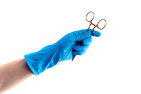 手持蓝色手套 将牙科金属棍隔离考试医生矫正外科工具治疗医疗医院手术白色图片