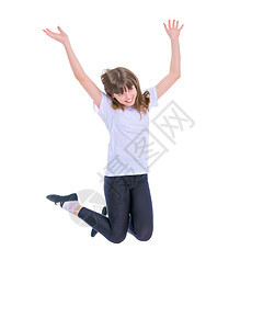 一个十几岁的女孩在跳跃白色微笑青年喜悦运动童年飞跃裙子活力空气图片