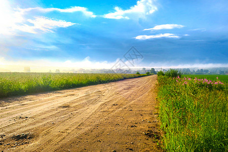 村路在阳光灿烂的夏日太阳农业日落地平线全景国家天空季节场地植物图片