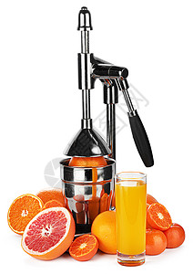 白上绝缘柑橘水果的机械汁机挤压器果汁膝关节橙子榨汁机金属杠杆旋转热带压力图片